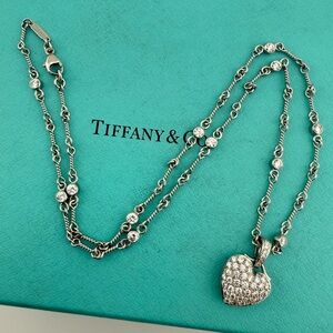 Vtg. Tiffany & Co. Platinum Diamond Pave Heart Twist Chain Tennis Necklace 17"
